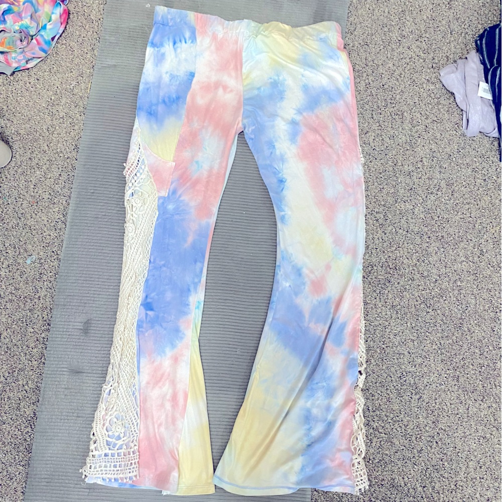 Handmade Upcycled Lace Side Flare Leggings Rainbow Tie Dye Long Tall XL 12-14